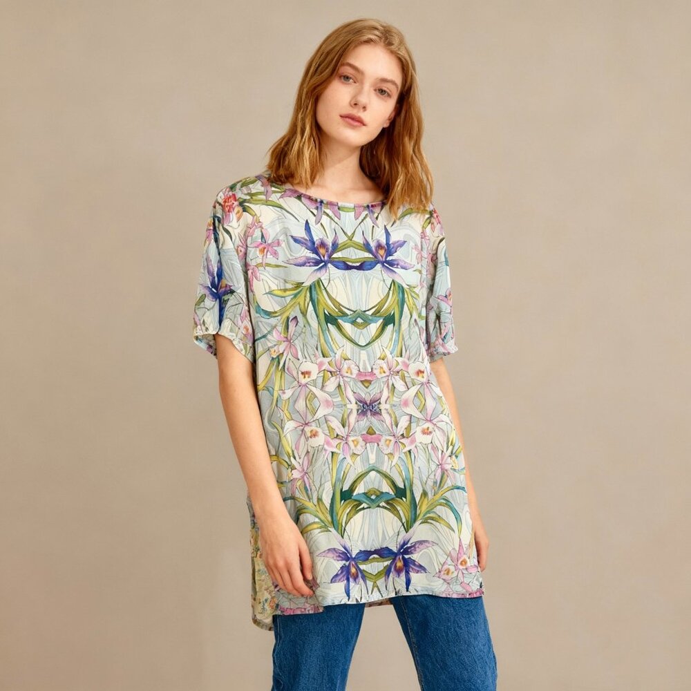 NWOT Johnny Was Multicolor Floral Top Short Sleeves Tunic Shirt Blouse Sz S